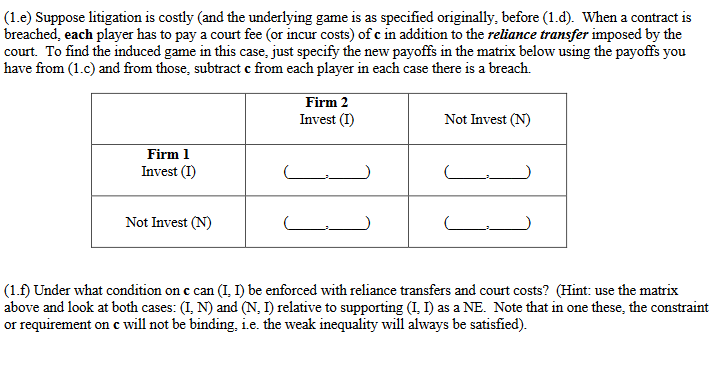 (1.e) Suppose litigation is costly (and the underlying game is as specified originally, before (1.d). When a contract is
breached, each player has to pay a court fee (or incur costs) of c in addition to the reliance transfer imposed by the
court. To find the induced game in this case, just specify the new payoffs in the matrix below using the payoffs you
have from (1.c) and from those, subtract c from each player in each case there is a breach.
Firm 1
Invest (I)
Not Invest (N)
Firm 2
Invest (I)
Not Invest (N)
(1.f) Under what condition on c can (I. I) be enforced with reliance transfers and court costs? (Hint: use the matrix
above and look at both cases: (I, N) and (N, I) relative to supporting (I, I) as a NE. Note that in one these, the constraint
or requirement on c will not be binding, i.e. the weak inequality will always be satisfied).