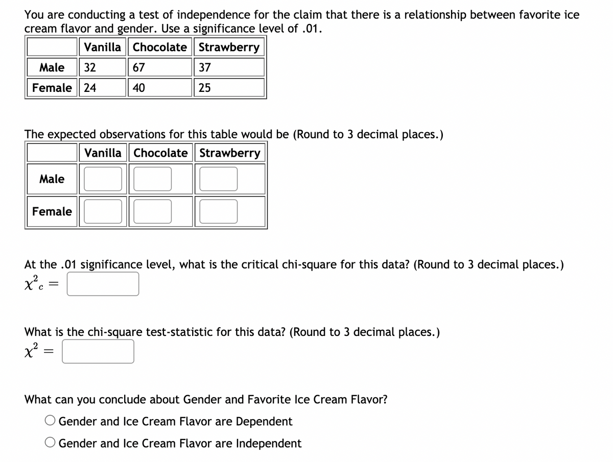 You are conducting a test of independence for the claim that there is a relationship between favorite ice
cream flavor and gender. Use a significance level of .01.
Vanilla Chocolate Strawberry
Male
| 32
67
37
Female 24
40
25
The expected observations for this table would be (Round to 3 decimal places.)
Vanilla Chocolate Strawberry
Male
Female
At the .01 significance level, what is the critical chi-square for this data? (Round to 3 decimal places.)
с
What is the chi-square test-statistic for this data? (Round to 3 decimal places.)
What can you conclude about Gender and Favorite Ice Cream Flavor?
Gender and Ice Cream Flavor are Dependent
O Gender and Ice Cream Flavor are Independent
