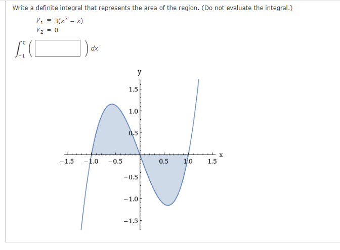 Write a definite integral that represents the area of the region. (Do not evaluate the integral.)
Y1 = 3(x3 - x)
Y2
= 0
dx
y
1.5
1.0
0,5
-1.5
-1.0
-0.5
0.5
1.0
1.5
-0.5
-1.0
-1.5
