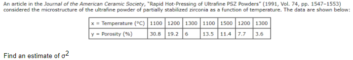 An article in the Journal of the American Ceramic Society, "Rapid Hot-Pressing of Ultrafine PSZ Powders" (1991, Vol. 74, pp. 1547-1553)
considered the microstructure of the ultrafine powder of partially stabilized zirconia as a function of temperature. The data are shown below:
x = Temperature (°C)|1100 1200 1300 1100 1500 1200 1300
y = Porosity (%)
30.8 19.2 6
13.5
11.4 7.7
3.6
Find an estimate of o?
