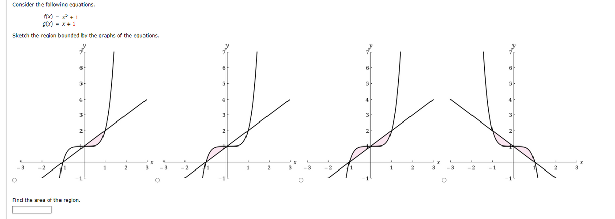 Consider the following equations.
f(x) = x + 1
g(x) = x + 1
Sketch the region bounded by the graphs of the equations.
6
6
6
5
5
5
5
4
4
4
4
3
3
3
2
2
-3
-2
1
2
-3
-2
11
1
3
-3
-2
Find the area of the region.
