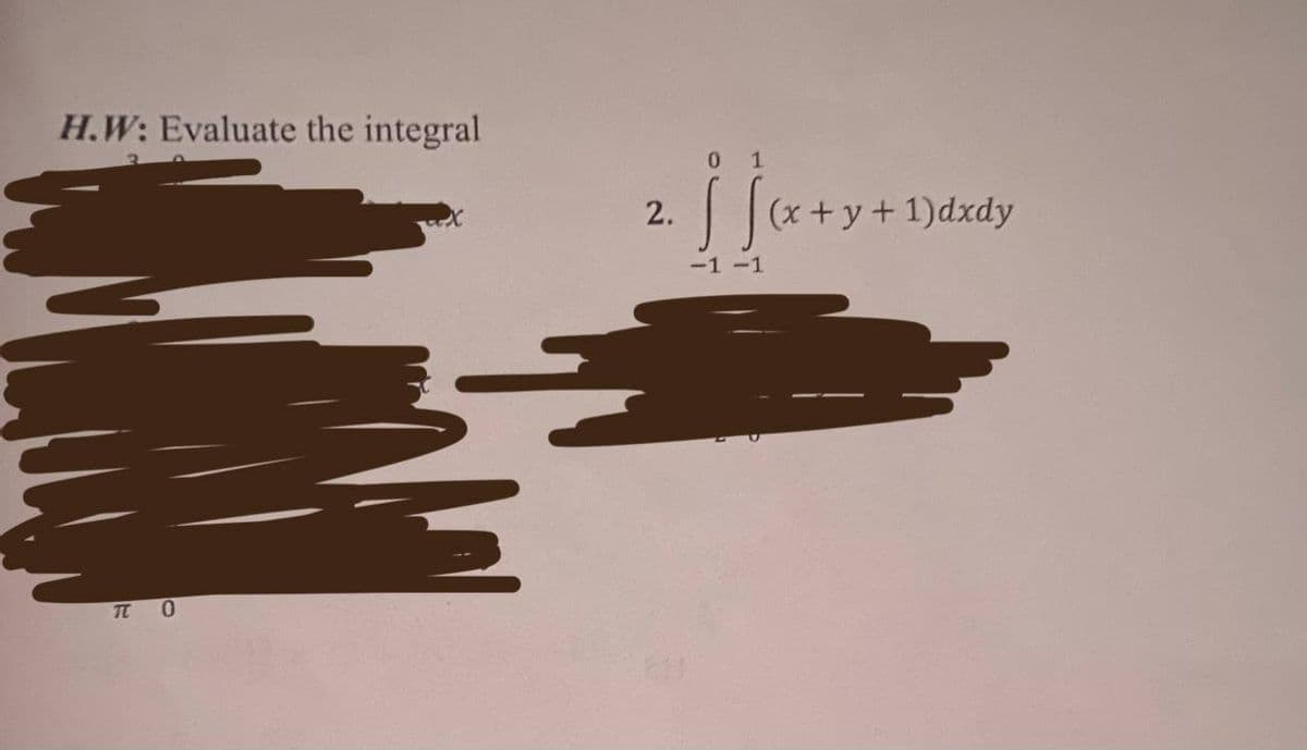 H.W: Evaluate the integral
πο
2.
01
-1-1
(x+y+1)dxdy