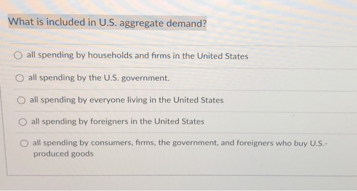 What is included in U.S. aggregate demand?
all spending by households and firms in the United States
O all spending by the U.S. government.
all spending by everyone living in the United States
all spending by foreigners in the United States
all spending by consumers, firms, the government, and foreigners who buy U.S.-
produced goods