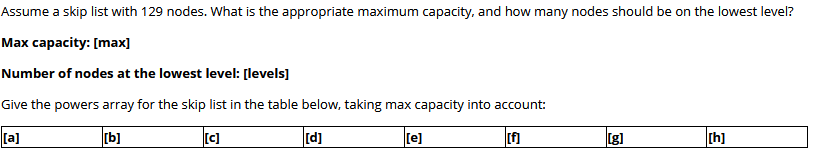 Assume a skip list with 129 nodes. What is the appropriate maximum capacity, and how many nodes should be on the lowest level?
Маx сарacity: [max]
Number of nodes at the lowest level: [levels]
Give the powers array for the skip list in the table below, taking max capacity into account:
[a]
[b]
[C]
[d]
[e]
[g]
[h]
