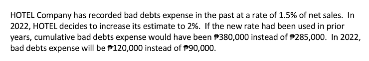 HOTEL Company has recorded bad debts expense in the past at a rate of 1.5% of net sales. In
2022, HOTEL decides to increase its estimate to 2%. If the new rate had been used in prior
years, cumulative bad debts expense would have been P380,000 instead of #285,000. In 2022,
bad debts expense will be P120,000 instead of P90,000.
