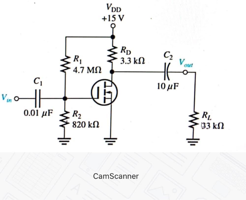 C₁
0.01 μF
WWII
R₁
4.7 ΜΩ
VDD
+15 V
05
R₂
820 ΚΩ
RD
3.3 ΚΩ
CamScanner
C₂
10 μF
Vou
out
WII
RL
[33 ΚΩ