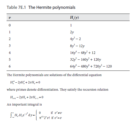 Table 7E.1 The Hermite polynomials
H,(y)
1
1
2y
2
4y – 2
3
8y' – 12y
4
16у' — 48у + 12
32y – 160y' + 120y
64y - 480у + 720у- 120
The Hermite polynomials are solutions of the differential equation
H" – 2yH; + 2vH,=0
where primes denote differentiation. They satisfy the recursion relation
H,- 2yH, + 2vH, =0
An important integral is
if v'+v
SH,H,e* dy=-
TU 2" v! if v'=v
