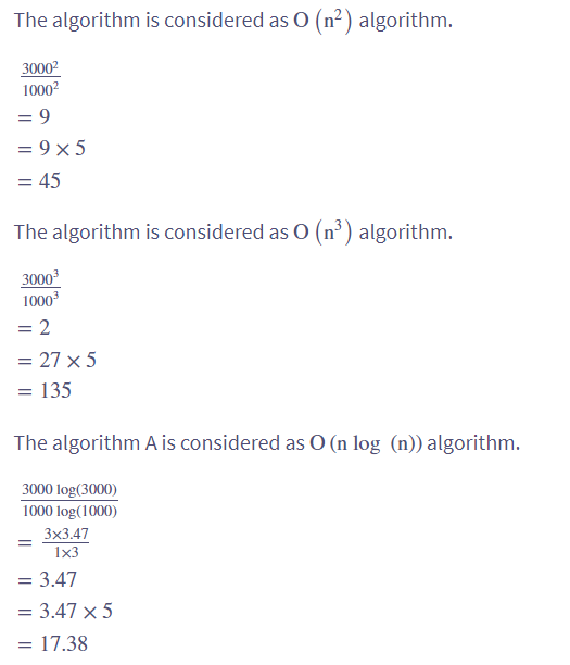The algorithm is considered as O (n²) algorithm.
3000²
1000²
= 9
= 9x5
= 45
The algorithm is considered as O (n³) algorithm.
3000³
1000³
= 2
= 27 x 5
= 135
The algorithm A is considered as O (n log (n)) algorithm.
3000 log(3000)
1000 log(1000)
=
3x3.47
1x3
= 3.47
= 3.47 x 5
= 17.38