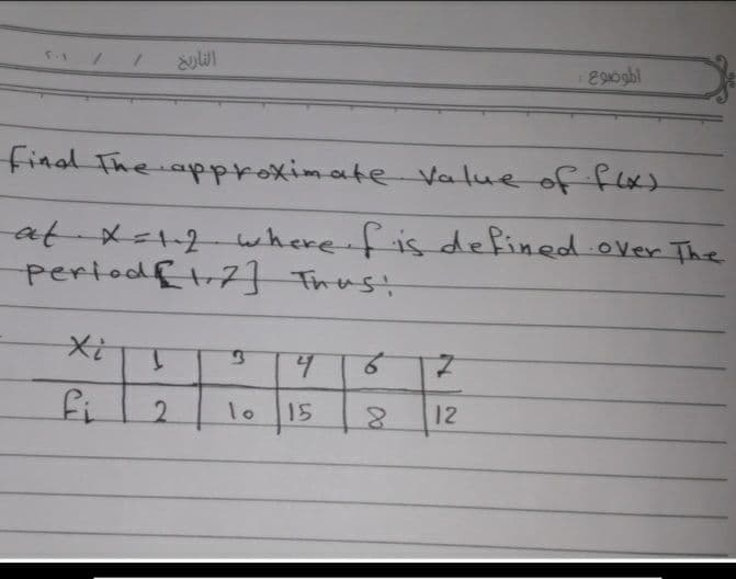 التاريخ
1
Find The approximate Value of f(x)
at x=1-2 where f is defined over The
period[17] Thus;
Xi
ļ
3
4
6
7
fi
2
lo 15
8 12
:
الموضوع