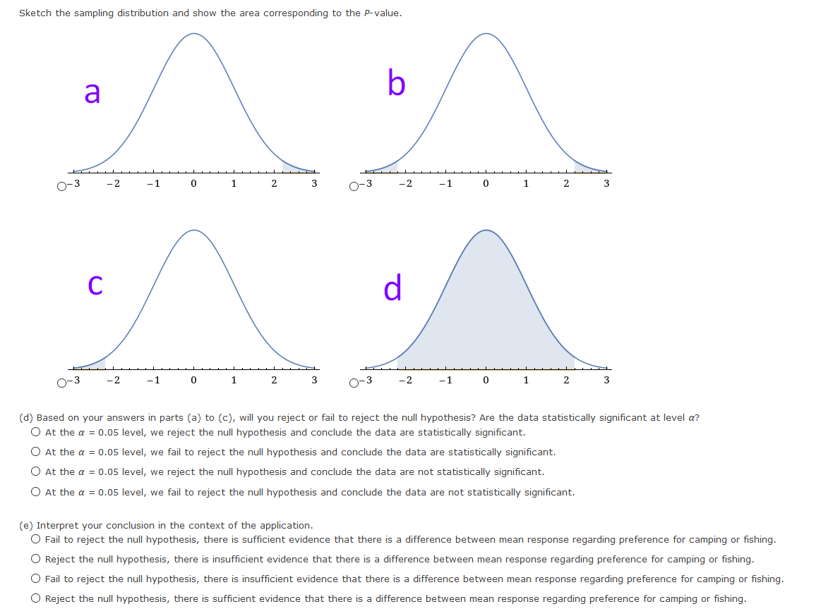 Sketch the sampling distribution and show the area corresponding to the P-value.
b
a
-2
-1
O-3
-2
-1
1.
C
d.
-2
- 1
1
2
O-3
-2
-1
1
2
3
(d) Based on your answers in parts (a) to (c), will you reject or fail to reject the null hypothesis? Are the data statistically significant at level a?
O At the a = 0.05 level, we reject the null hypothesis and conclude the data are statistically significant.
O At the a = 0.05 level, we fail to reject the null hypothesis and conclude the data are statistically significant.
O At the a = 0.05 level, we reject the null hypothesis and conclude the data are not statistically significant.
O At the a = 0.05 level, we fail to reject the null hypothesis and conclude the data are not statistically significant.
(e) Interpret your conclusion in the context of the application.
O Fail to reject the null hypothesis, there is sufficient evidence that there is a difference between mean response regarding preference for camping or fishing.
O Reject the null hypothesis, there is insufficient evidence that there is a difference between mean response regarding preference for camping or fishing.
O Fail to reject the null hypothesis, there is insufficient evidence that there is a difference between mean response regarding preference for camping or fishing.
O Reject the null hypothesis, there is sufficient evidence that there is a difference between mean response regarding preference for camping or fishing.
