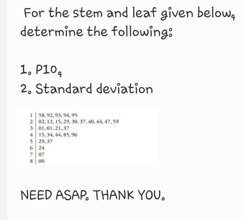 For the stem and leaf given below,
determine the following:
1. P10,
2. Standard deviation
1 58, 92, 93, 94, 95
2 02, 12, 15, 29, 30, 37, 40, 44, 47,59
3 01,01, 21,37
4 15,34,44, 85, 96
5 29, 37
6 24
7 07
8 00
NEED ASAP. THANK YOU.
