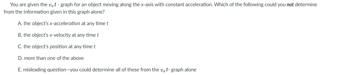 You are given the vzt - graph for an object moving along the x-axis with constant acceleration. Which of the following could you not determine
from the information given in this graph alone?
A. the object's x-acceleration at any time t
B. the object's x-velocity at any time t
C. the object's position at any time t
D. more than one of the above
E. misleading question-you could determine all of these from the v,t- graph alone
