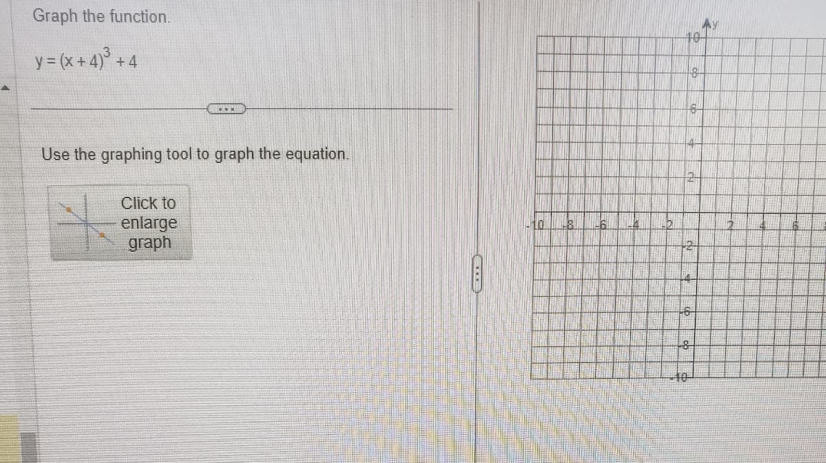 Graph the function.
3
y = (x+4)³ +4
M
Use the graphing tool to graph the equation.
Click to
enlarge
graph
10 18
In
44
10
p
KE
46
8
18
10
Ay
23
H