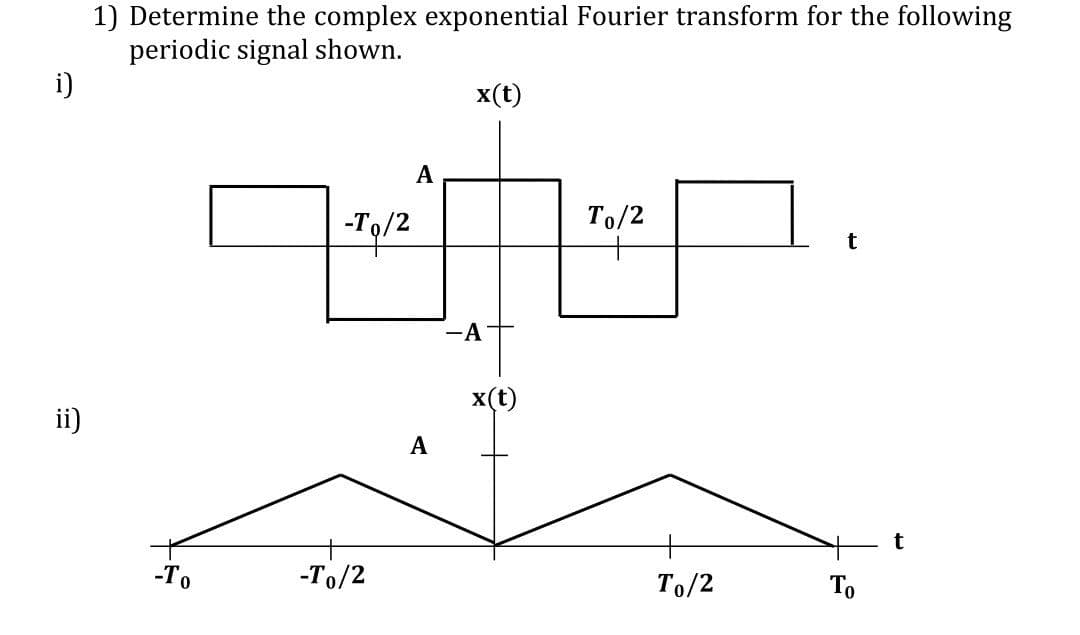 1) Determine the complex exponential Fourier transform for the following
periodic signal shown.
i)
x(t)
А
-To/2
To/2
+
-A
x(t)
ii)
A
t
-То
-To/2
To/2
To

