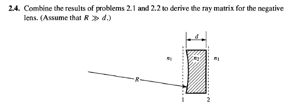 2.4. Combine the results of problems 2.1 and 2.2 to derive the ray matrix for the negative
lens. (Assume that R » d.)
