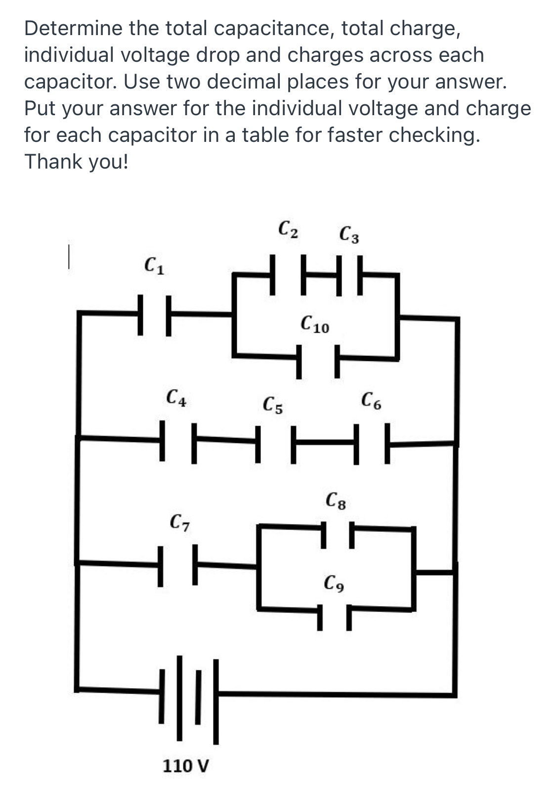 Determine the total capacitance, total charge,
individual voltage drop and charges across each
capacitor. Use two decimal places for your answer.
Put your answer for the individual voltage and charge
for each capacitor in a table for faster checking.
Thank you!
C2
C3
|
HE
C1
C10
C4
C5
C6
C8
C7
C9
110 V
