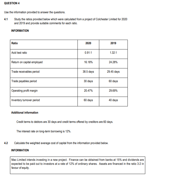 QUESTION 4
Use the information provided to answer the questions.
4.1
Study the ratios provided below which were calculated from a project of Colchester Limited for 2020
and 2019 and provide suitable comments for each ratio.
INFORMATION
Ratio
2020
2019
Acid test ratio
0.91:1
1.32:1
Return on capital employed
16.18%
24.28%
Trade receivables period
38.5 days
29.45 days
Trade payables period
30 days
60 days
Operating profit margin
20.47%
29.69%
Inventory turnover period
60 days
40 days
Additional information
Credit terms to debtors are 30 days and credit terms offered by creditors are 60 days.
The interest rate on long-term borrowing is 12%.
Calculate the weighted average cost of capital from the information provided below.
4.2
INFORMATION
Mac Limited intends investing in a new project. Finance can be obtained from banks at 15% and dividends are
expected to be paid out to investors at a rate of 12% of ordinary shares. Assets are financed in the ratio 3:2 in
favour of equity.
