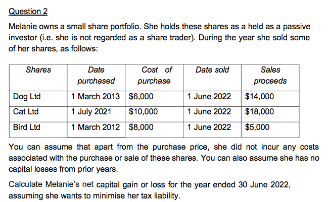 Question 2
Melanie owns a small share portfolio. She holds these shares as a held as a passive
investor (i.e. she is not regarded as a share trader). During the year she sold some
of her shares, as follows:
Shares
Dog Ltd
Cat Ltd
Bird Ltd
Date
purchased
Cost of
purchase
1 March 2013
$6,000
1 July 2021
$10,000
1 March 2012 $8,000
Date sold
1 June 2022
1 June 2022
1 June 2022
Sales
proceeds
$14,000
$18,000
$5,000
You can assume that apart from the purchase price, she did not incur any costs
associated with the purchase or sale of these shares. You can also assume she has no
capital losses from prior years.
Calculate Melanie's net capital gain or loss for the year ended 30 June 2022,
assuming she wants to minimise her tax liability.