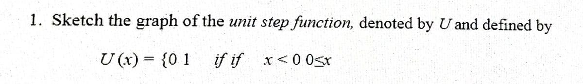 1. Sketch the graph of the unit step function, denoted by U and defined by
U (x) = {0 1
if if x<0 0sx
