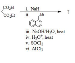 CO,Et
i. NaH
Br
co Et
ii.
i. NaOH/H,O, heat
iv. H;O*, heat
v. SOCI2
vi. AIC13
