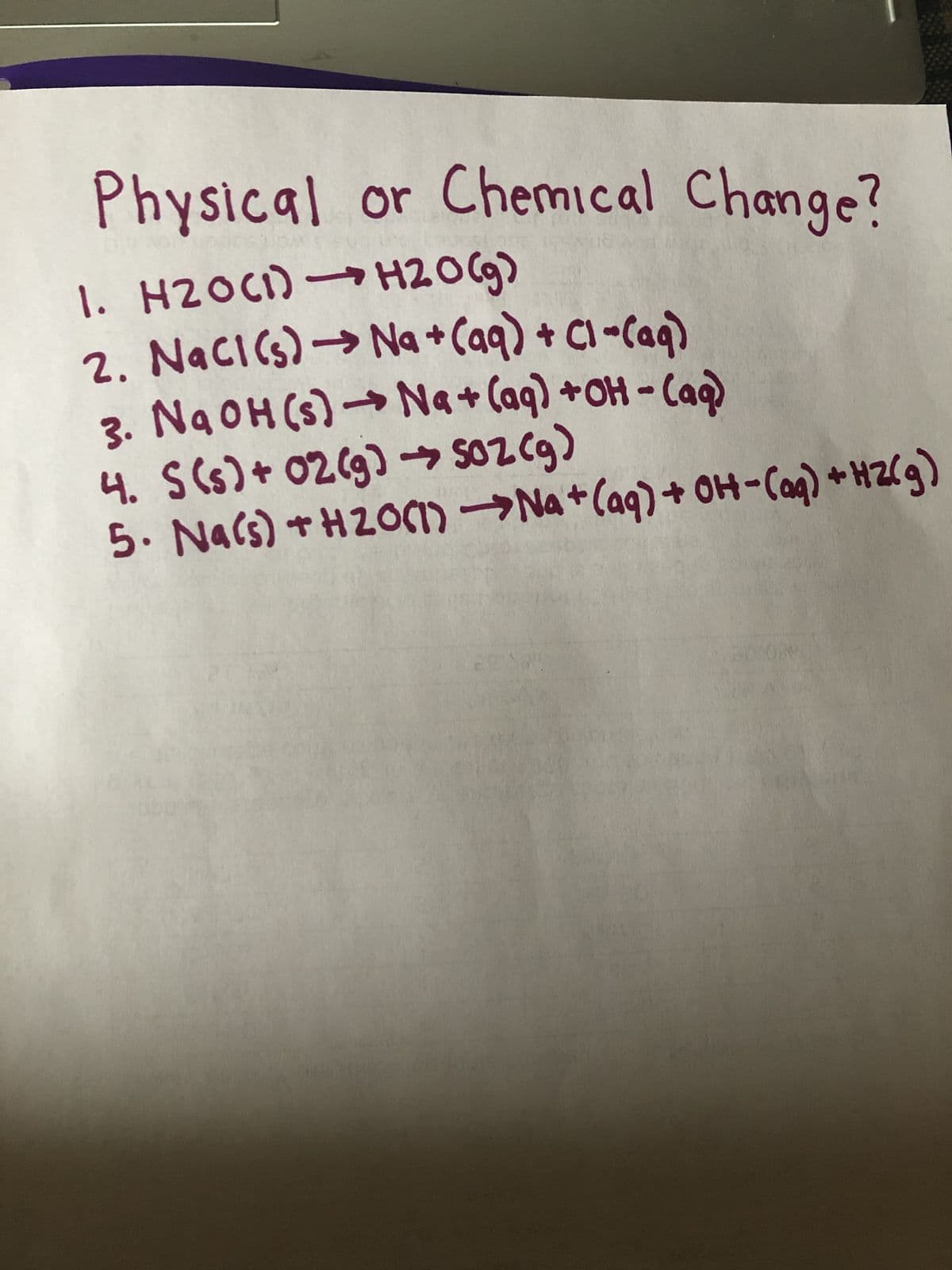 Physical or Chemical Change?
1. H2OCI)→ H2O(g)
2. NacI(s)→ Na +Caq) + Cl -Caq)
1206
Na+(aq) +OH-Caq
3. NgOH(s)→ Na+ (aq) +OH - Caq)
4. S(s)+ 02(g] → SOzCg)
5. Nacs) t HZOM→Na+(aq) + OH-Caq) +HZ(g)
3.
