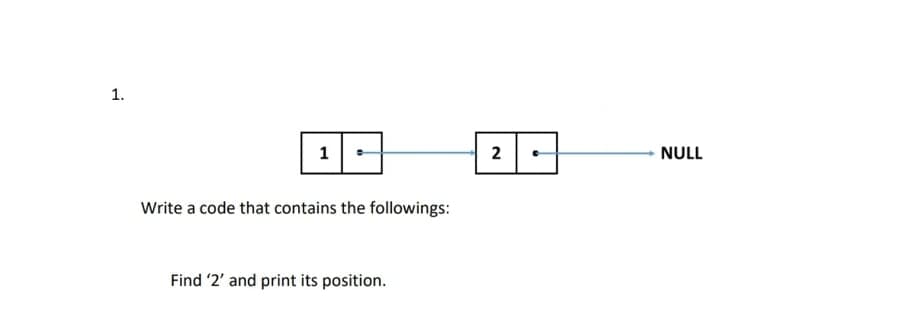 1.
1
2
NULL
Write a code that contains the followings:
Find '2' and print its position.
