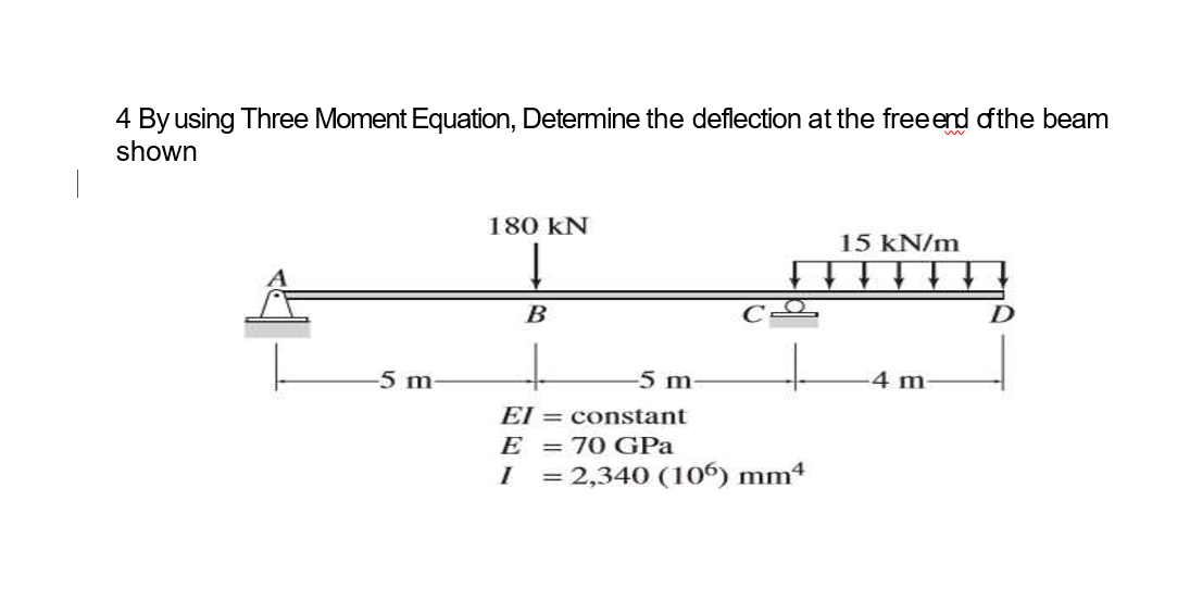 4 By using Three Moment Equation, Determine the deflection at the freeend dfthe beam
shown
180 kN
15 kN/m
B
-5 m
5m-
4 m
El = constant
E = 70 GPa
= 2,340 (106) mm4
