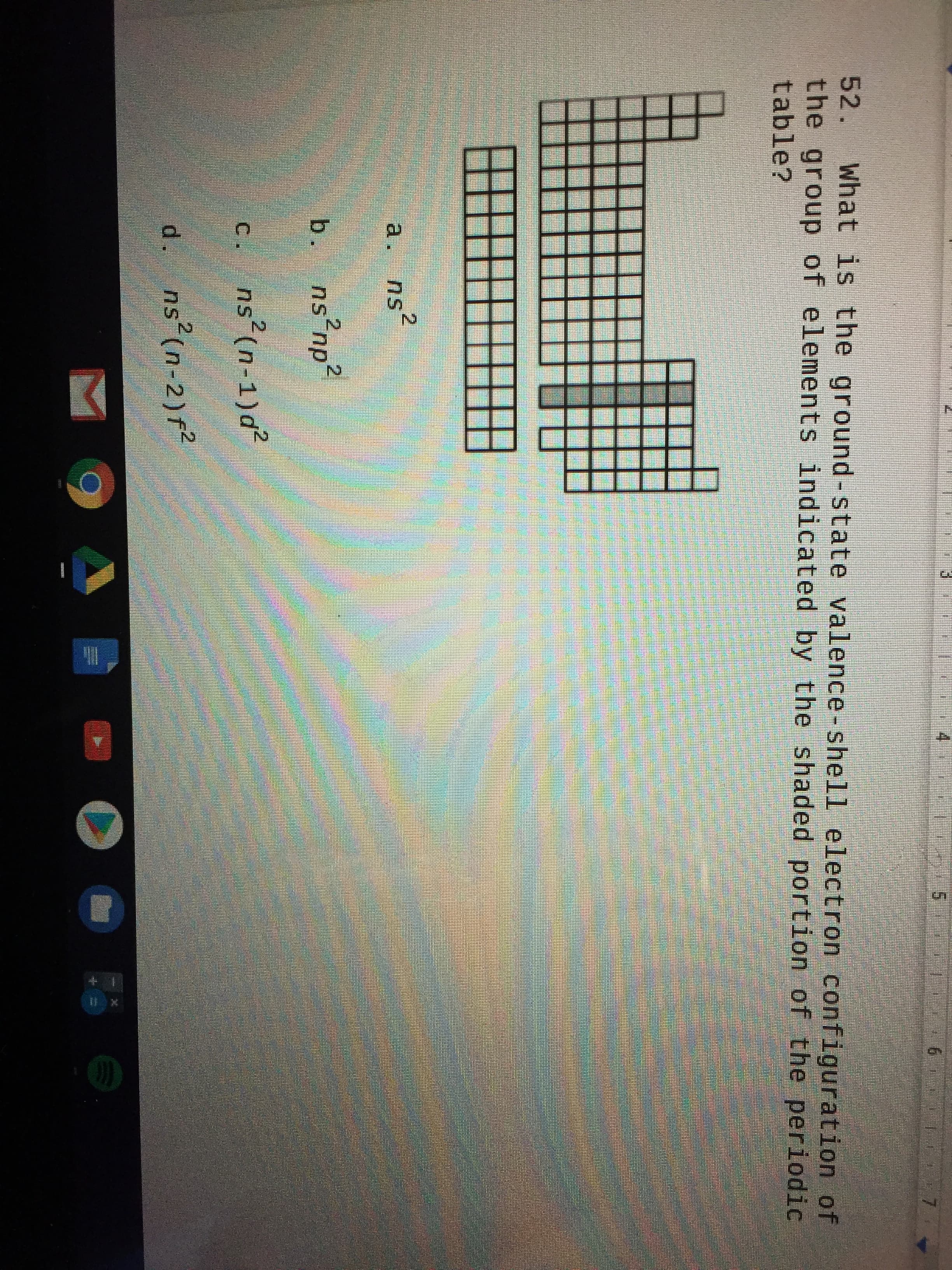 52. What is the ground-state valence-shell electron configuration of
the group of elements indicated by the shaded portion of the periodic
table?
