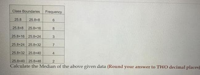 Class Boundaries Frequency
25.8
25.8+8
6.
25.8+8 25.8+16
8.
25.8+16 25.8+24
3.
25.8+24 25.8+32
25.8+32 25.8+40
4
25.8+40 25.8+48
2.
Calculate the Median of the above given data (Round your answer to TWO decimal places)
