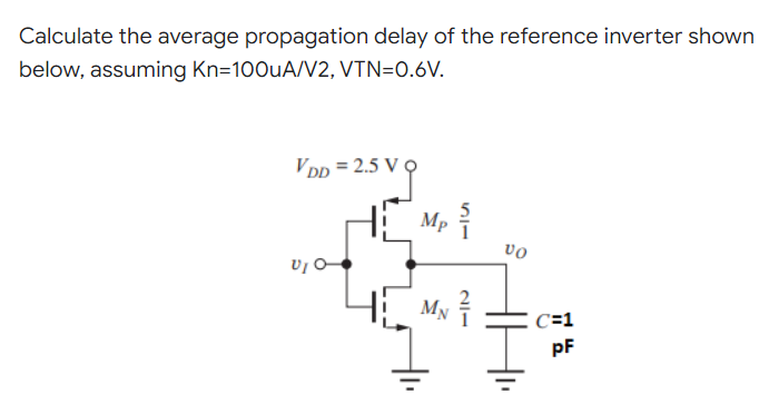 Calculate the average propagation delay of the reference inverter shown
below, assuming Kn=100uA/V2, VTN=0.6V.
VDD=2.5 VC
V₁O
Mp {
MN
²
VO
C=1
pF