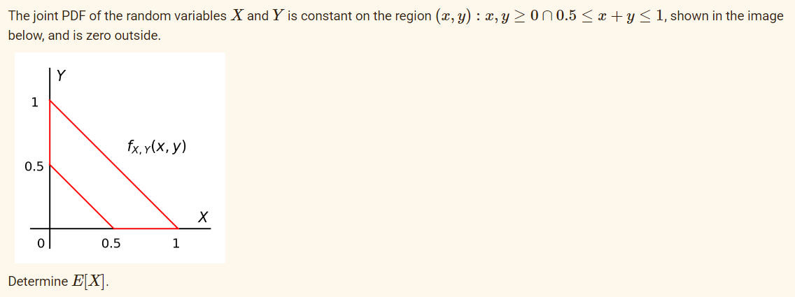 The joint PDF of the random variables X and Y is constant on the region (x, y) : x, y > 0n 0.5 < x + y < 1, shown in the image
below, and is zero outside.
Y
1
fx, y(X, y)
0.5
0.5
1
Determine E[X].
