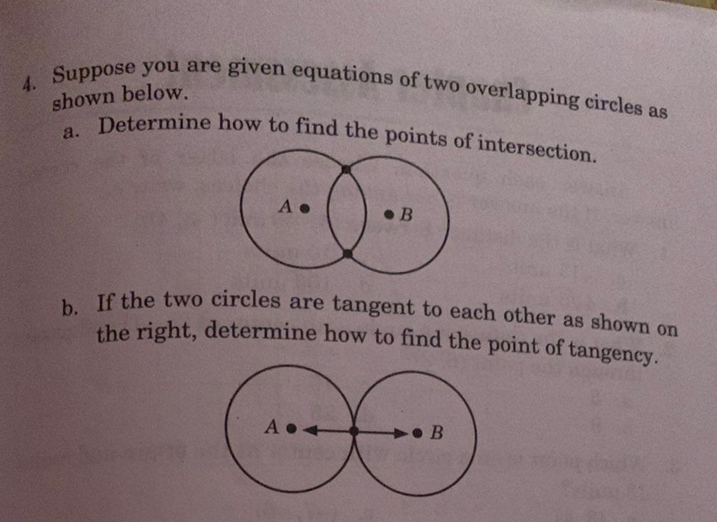4. Suppose you are given equations of two overlapping circles as
Determine how to find the points of intersection.
shown below.
a.
•B
, If the two circles are tangent to each other as shown on
the right, determine how to find the point of tangency.

