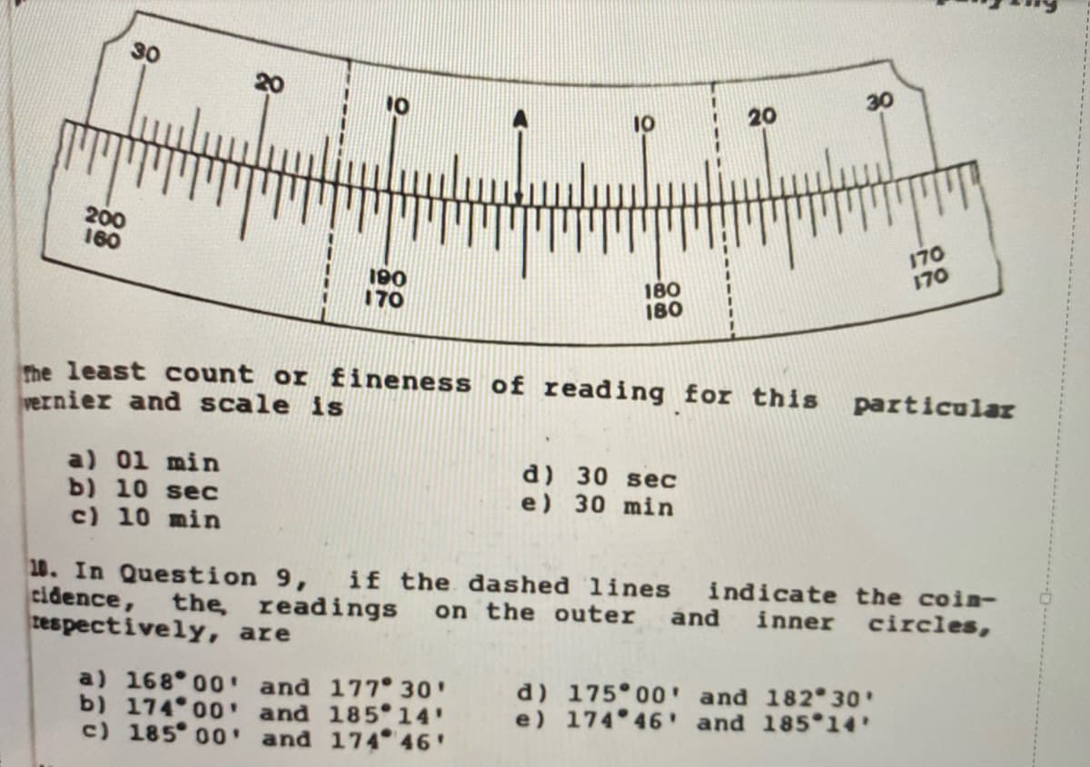 30
20
30
10
20
200
160
170
170
190
170
180
180
he least count or fineness of reading for this particular
vernier and scale is
a) 01 min
b) 10 sec
c) 10 min
d) 30 sec
e) 30 min
10. In Question 9,
cidence, the, readings
tespectively, are
if the dashed lines indicate the coin-
on the outer and inner circles,
a) 168 00' and 177 30'
b) 174 00' and 185 14'
c) 185 00 ' and 174 46'
d) 175 00' and 182 30
e) 174 46 and 185 14'
