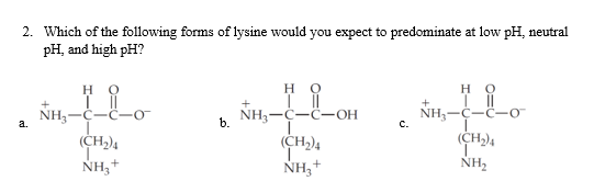 2. Which of the following forms of lysine would you expect to predominate at low pH, neutral
pH, and high pH?
но
но
NH,-
(CH)4
NH,+
-C-O
NH3-
-C-C-OH
NH,-C-C-o
a.
b.
с.
(CH-)4
NH,+
(CH)4
NH,
