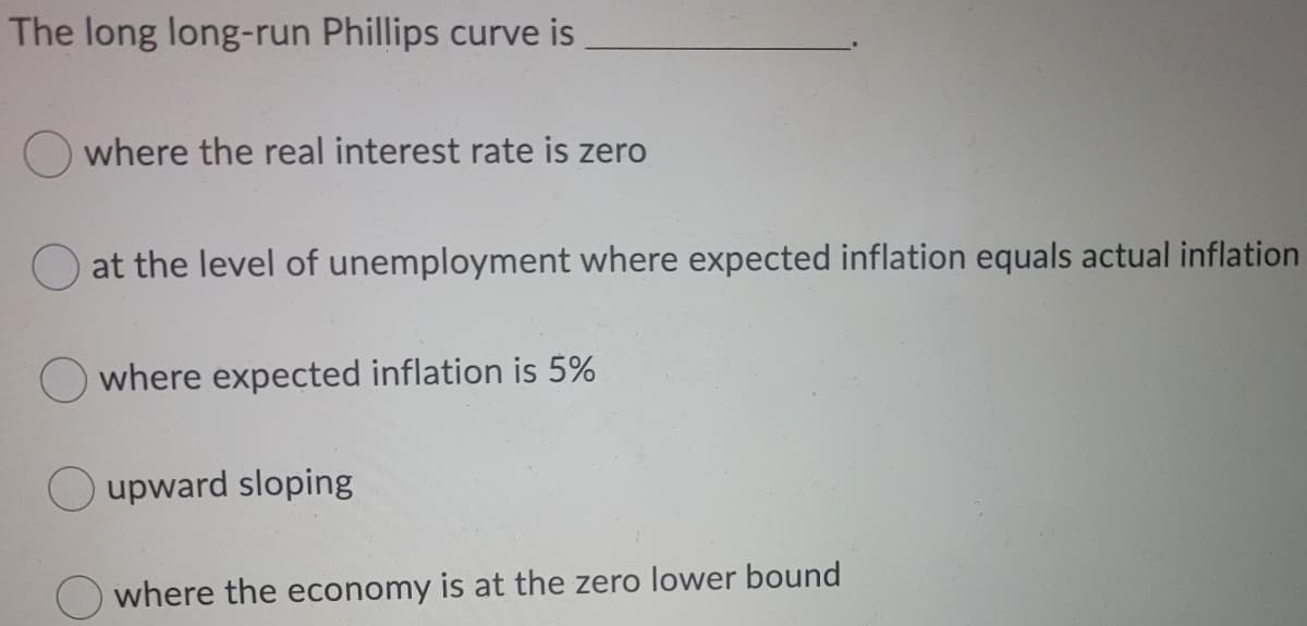 The long long-run Phillips curve is
where the real interest rate is zero
O at the level of unemployment where expected inflation equals actual inflation
where expected inflation is 5%
upward sloping
where the economy is at the zero lower bound

