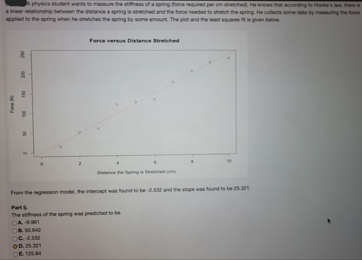 A physics student wants to measure the stiffness of a spring (force required per cm stretched). He knows that according to Hooke's law, there is
a linear relationship between the distance a spring is stretched and the force needed to stretch the spring. He collects some data by measuring the force
applied to the spring when he stretches the spring by some amount. The plot and the least squares fit is given below.
Force versus Distance Stretched
50
4
6.
10
Distance the Spring is Stretched (cm)
From the regression model, the intercept was found to be -2.532 and the slope was found to be 25.321.
Part i).
The stiffness of the spring was predicted to be
OA. -9.961
OB. 50.642
OC. -2.532
OD. 25.321
OE. 125.84
00.
00L
Force (N)
