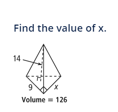 Find the value of x.
14.
X
Volume = 126