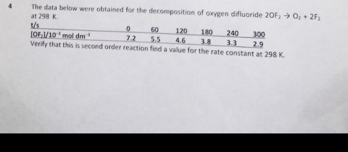 The data below were obtained for the decomposition of oxygen difluoride 20F2 → 02 + 2F2
at 298 K.
t/s
[OF;]/10³ mol dm
Verify that this is second order reaction find a value for the rate constant at 298 K.
60
120
180
3.8
240
300
7.2
5.5
4.6
3.3
2.9
