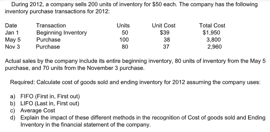 During 2012, a company sells 200 units of inventory for $50 each. The company has the following
inventory purchase transactions for 2012:
Date
Transaction
Units
Unit Cost
Total Cost
Beginning Inventory
$39
$1,950
3,800
2,960
Jan 1
50
May 5
Nov 3
Purchase
100
38
Purchase
80
37
Actual sales by the company include its entire beginning inventory, 80 units of inventory from the May 5
purchase, and 70 units from the November 3 purchase.
Required: Calculate cost of goods sold and ending inventory for 2012 assuming the company uses:
a) FIFO (First in, First out)
b) LIFO (Last in, First out)
c) Average Cost
d) Explain the impact of these different methods in the recognition of Cost of goods sold and Ending
Inventory in the financial statement of the company.
