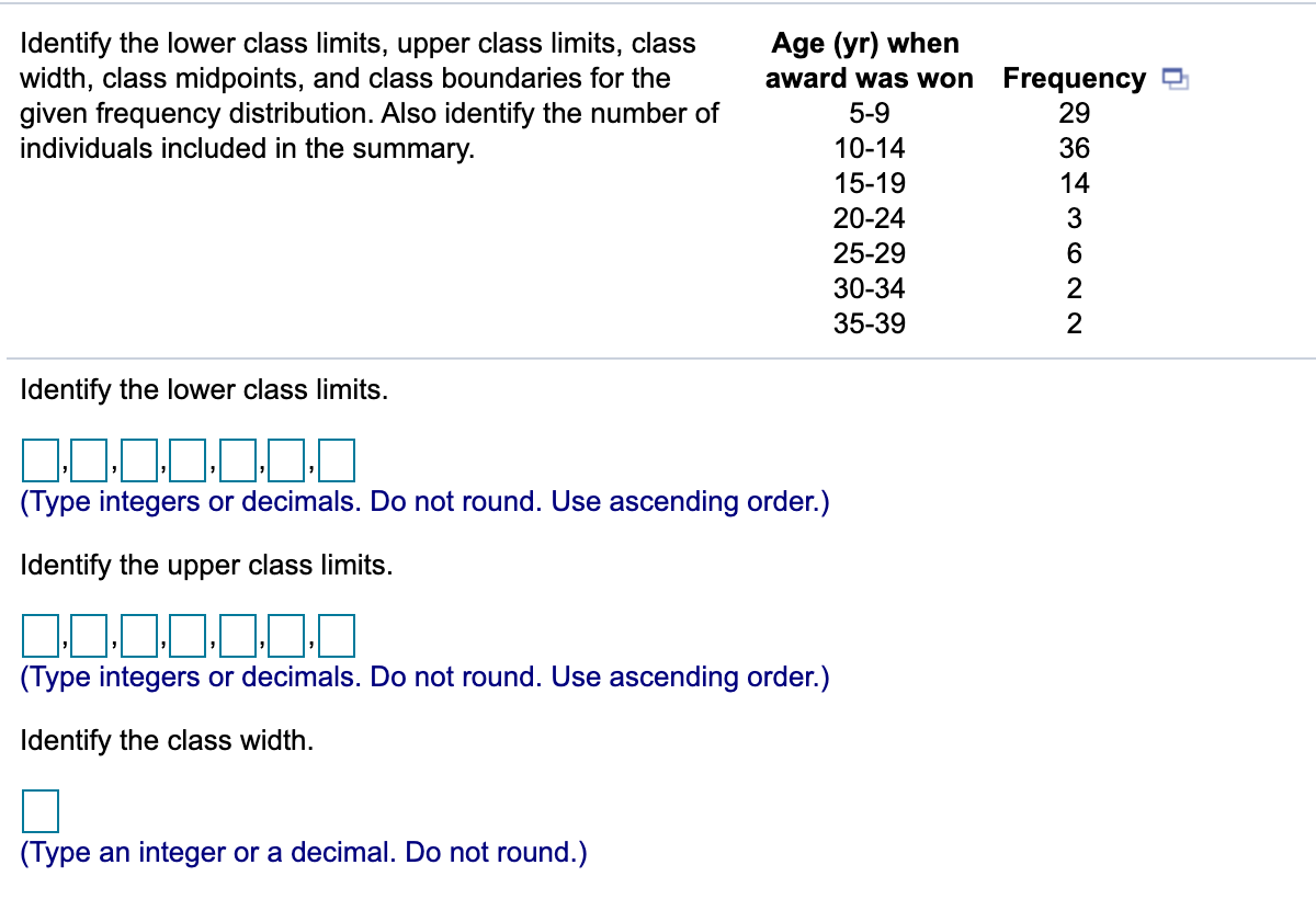 Age (yr) when
award was won Frequency
Identify the lower class limits, upper class limits, class
width, class midpoints, and class boundaries for the
given frequency distribution. Also identify the number of
individuals included in the summary.
5-9
29
10-14
36
15-19
14
20-24
3
25-29
30-34
2
35-39
2
Identify the lower class limits.
(Type integers or decimals. Do not round. Use ascending order.)
Identify the upper class limits.
00
(Type integers or decimals. Do not round. Use ascending order.)
Identify the class width.
(Type an integer or a decimal. Do not round.)
