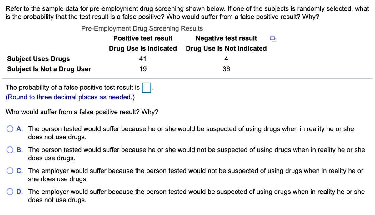 Refer to the sample data for pre-employment drug screening shown below. If one of the subjects is randomly selected, what
is the probability that the test result is a false positive? Who would suffer from a false positive result? Why?
Pre-Employment Drug Screening Results
Positive test result
Negative test result
Drug Use Is Indicated
Drug Use Is Not Indicated
Subject Uses Drugs
41
4
Subject Is Not a Drug User
19
36
The probability of a false positive test result is
(Round to three decimal places as needed.)
Who would suffer from a false positive result? Why?
A. The person tested would suffer because he or she would be suspected of using drugs when in reality he or she
does not use drugs.
B. The person tested would suffer because he or she would not be suspected of using drugs when in reality he or she
does use drugs.
C. The employer would suffer because the person tested would not be suspected of using drugs when in reality he or
she does use drugs.
D. The employer would suffer because the person tested would be suspected of using drugs when in reality he or she
does not use drugs.
