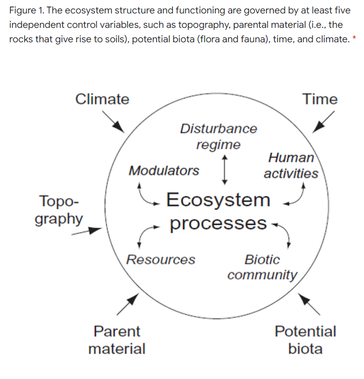 Figure 1. The ecosystem structure and functioning are governed by at least five
independent control variables, such as topography, parental material (i.e., the
rocks that give rise to soils), potential biota (flora and fauna), time, and climate. *
Climate
Time
Disturbance
regime
Human
Modulators
activities
Ecosystem
Торо-
graphy
processes
Resources
Biotic
соmmunity
Parent
Potential
biota
material
