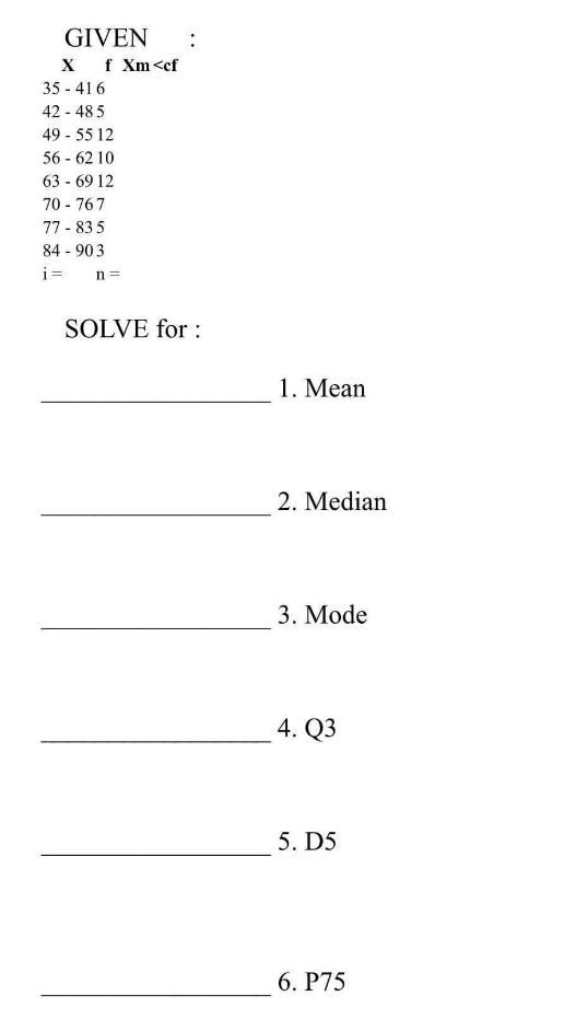 GIVEN
:
X f Xm<cf
35 - 416
42 - 485
49 - 55 12
56 - 62 10
63 - 69 12
70 - 767
77 - 83 5
84 - 903
i =
n =
SOLVE for :
1. Mean
2. Median
3. Mode
4. Q3
5. D5
6. P75
