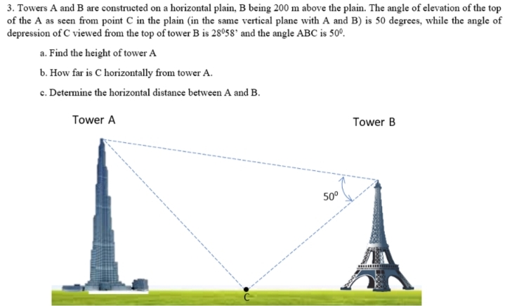 3. Towers A and B are constructed on a horizontal plain, B being 200 m above the plain. The angle of elevation of the top
of the A as seen from point C in the plain (in the same vertical plane with A and B) is 50 degrees, while the angle of
depression of C viewed from the top of tower B is 28°58' and the angle ABC is 50°.
a. Find the height of tower A
b. How far is C horizontally from tower A.
c. Determine the horizontal distance between A and B.
Tower A
Tower B
50°
