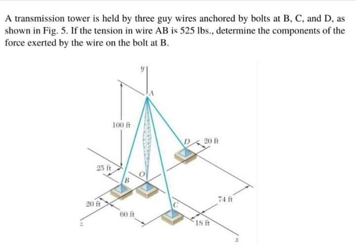 A transmission tower is held by three guy wires anchored by bolts at B, C, and D, as
shown in Fig. 5. If the tension in wire AB is 525 lbs., determine the components of the
force exerted by the wire on the bolt at B.
100 ft
20 ft
25 ft
74 ft
20 ft
60 ft
18 ft
