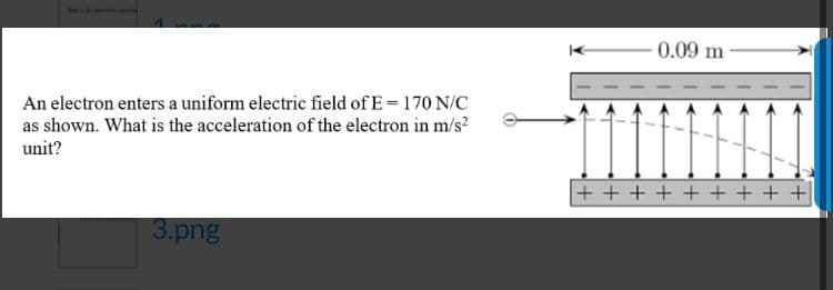 0.09 m
An electron enters a uniform electric field of E= 170 N/C
as shown. What is the acceleration of the electron in m/s?
unit?
+ + + + + + + + +
3.png

