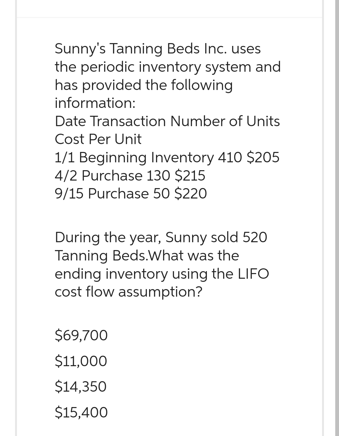 Sunny's Tanning Beds Inc. uses
the periodic inventory system and
has provided the following
information:
Date Transaction Number of Units
Cost Per Unit
1/1 Beginning Inventory 410 $205
4/2 Purchase 130 $215
9/15 Purchase 50 $220
During the year, Sunny sold 520
Tanning Beds. What was the
ending inventory using the LIFO
cost flow assumption?
$69,700
$11,000
$14,350
$15,400