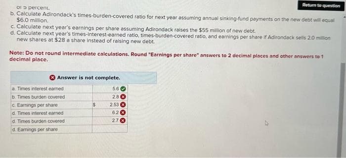 Return to question
of 5 percent.
b. Calculate Adirondack's times-burden-covered ratio for next year assuming annual sinking-fund payments on the new debt will equal
$6.0 million.
c. Calculate next year's earnings per share assuming Adirondack raises the $55 million of new debt.
d. Calculate next year's times-interest-earned ratio, times-burden-covered ratio, and earnings per share if Adirondack sells: 2.0 million
new shares at $28 a share instead of raising new debt.
Note: Do not round intermediate calculations. Round "Earnings per share" answers to 2 decimal places and other answers to 1
decimal place.
Answer is not complete.
a. Times interest earned
b. Times burden covered
c. Earnings per share
d. Times interest earned
d. Times burden covered
d. Earnings per share i
$
5.6
2.8 x
2.53 x
6.2 x
2.7 x