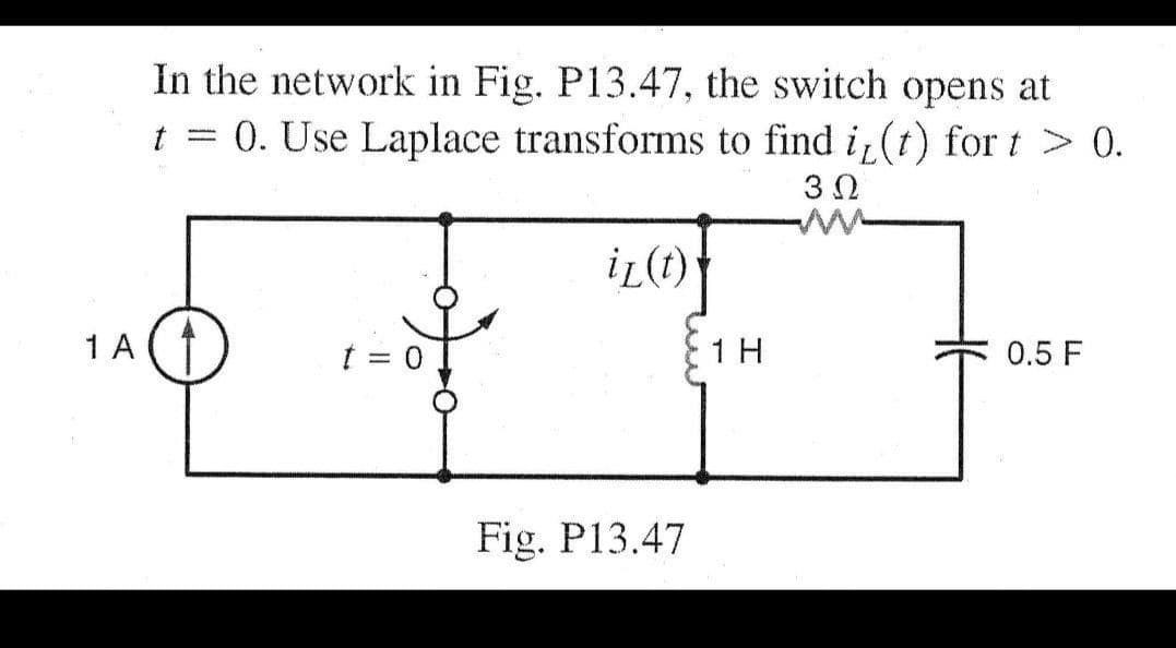 In the network in Fig. P13.47, the switch opens at
t = 0. Use Laplace transforms to find i(t) for t > 0.
iL(t)
1 A
1 H
0.5 F
Fig. P13.47

