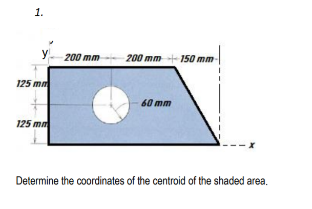 1.
y
200 mm 200 mm+ 150 mm-
125 mm
60 mm
125 mm
Determine the coordinates of the centroid of the shaded area.
